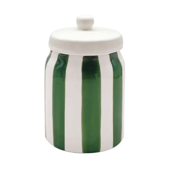 petit pot avec couvercle vert en céramique blanc à rayures vert